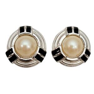 Richelieu Silver Tone Black Enamel Faux Pearl Clip-On Earrings, Signed